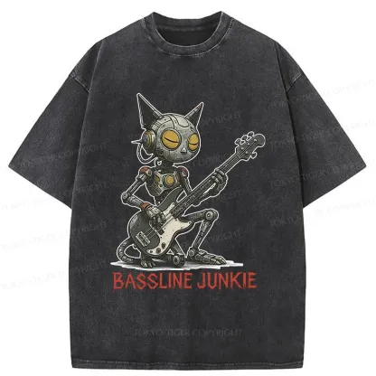 Tokyo-Tiger Robot Cat Playing Bass Washed T-Shirt