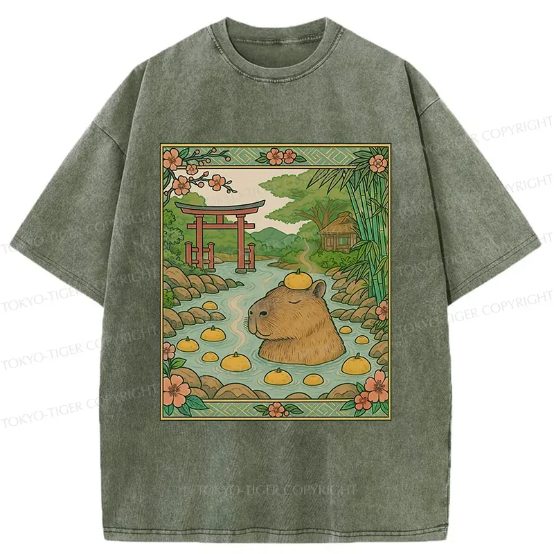 Tokyo-Tiger Bathing Capybara Ukiyoe Washed T-Shirt Sale