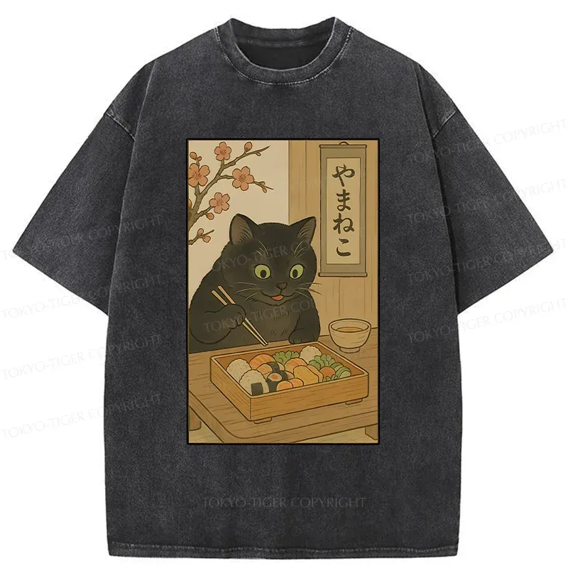 Tokyo-Tiger Black Cat Eating Sushi Washed T-Shirt