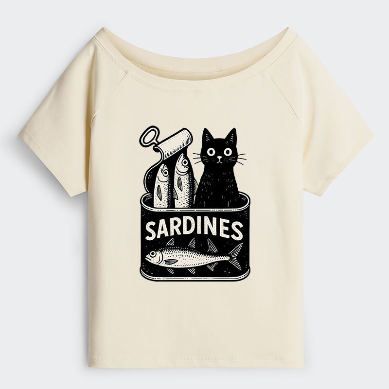Tokyo-Tiger Cat And Canned Fish Off Shoulder T-Shirt
