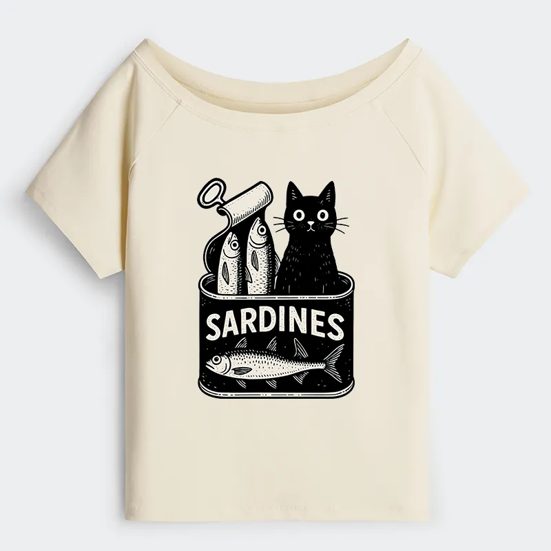 Tokyo-Tiger Cat And Canned Fish Off Shoulder T-Shirt