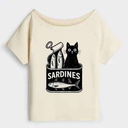 Tokyo-Tiger Cat And Canned Fish Off Shoulder T-Shirt
