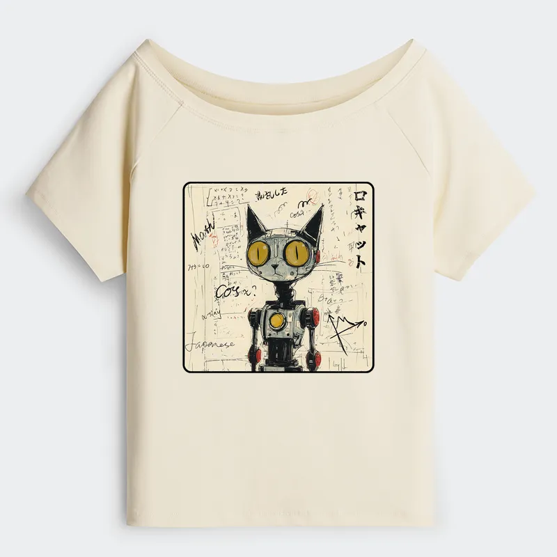 Tokyo-Tiger Robot Cat Off Shoulder T-Shirt