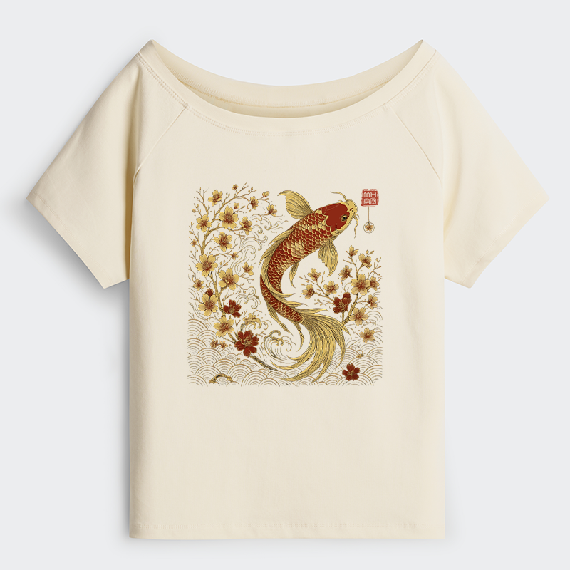 Tokyo-Tiger Vintage Sakura And Koi Off Shoulder T-Shirt