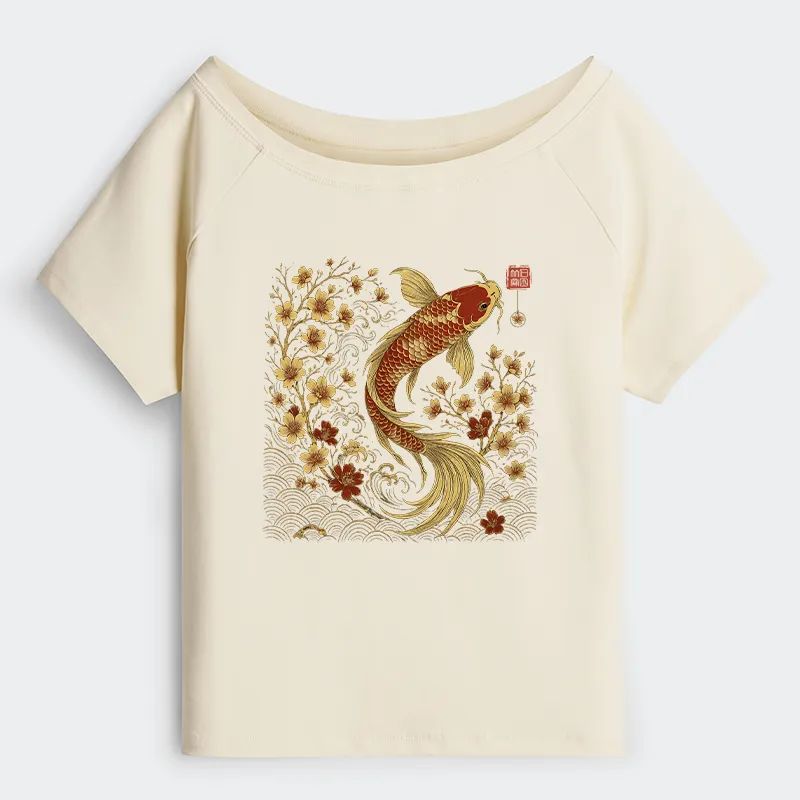 Tokyo-Tiger Vintage Sakura And Koi Off Shoulder T-Shirt