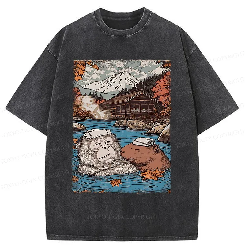 Tokyo-Tiger Monkeys And Capybaras Taking A Bath Washed T-Shirt Sale