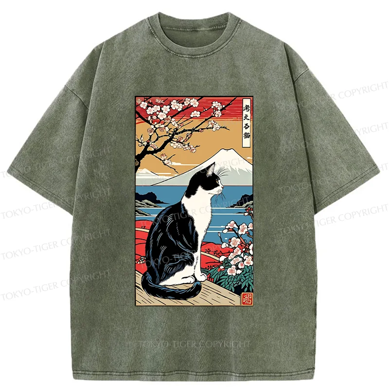 Tokyo-Tiger Thinking Cat Poster Washed T-Shirt