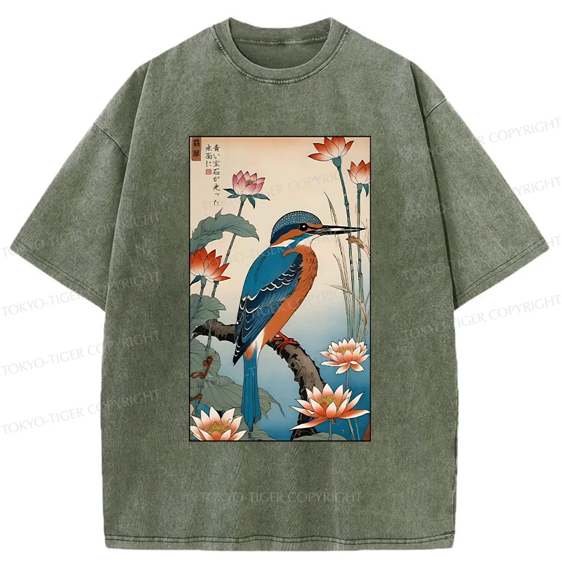 Tokyo-Tiger Ukiyo-e Kingfisher Washed T-Shirt