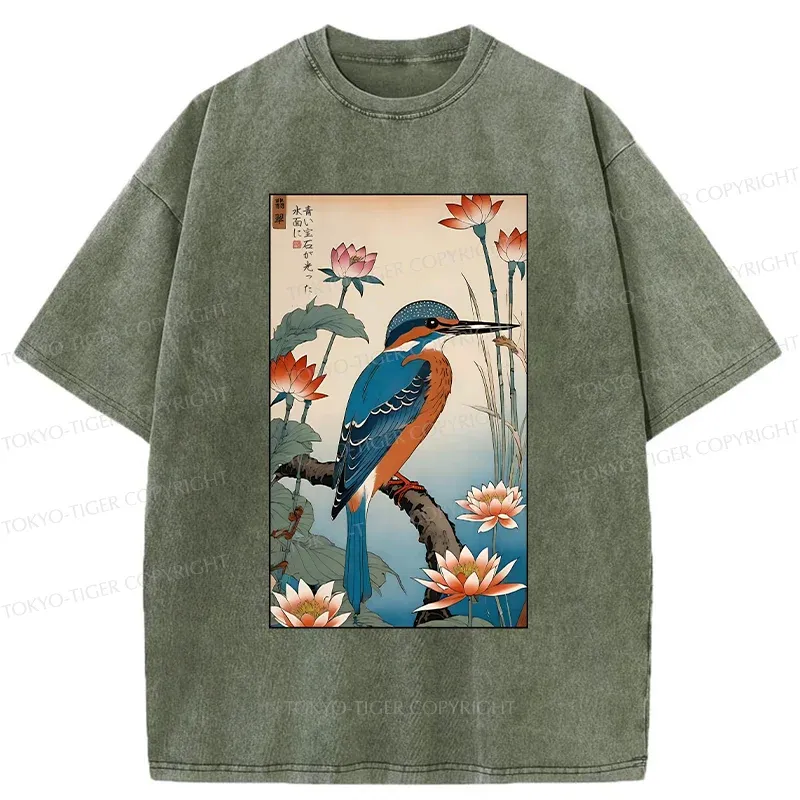 Tokyo-Tiger Ukiyo-e Kingfisher Washed T-Shirt