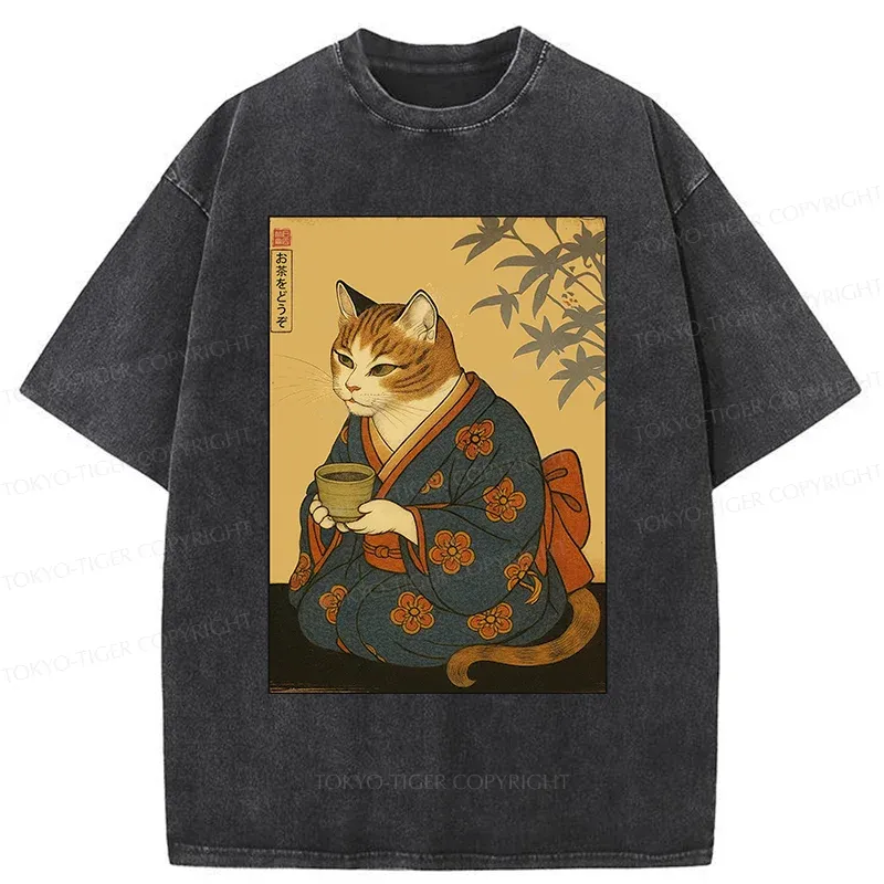 Tokyo-Tiger Ukiyoe Cat Drinking Tea Washed T-Shirt