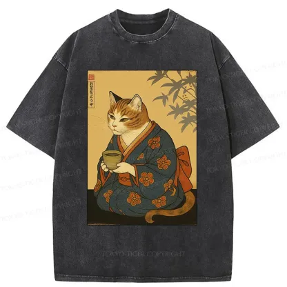 Tokyo-Tiger Ukiyoe Cat Drinking Tea Washed T-Shirt