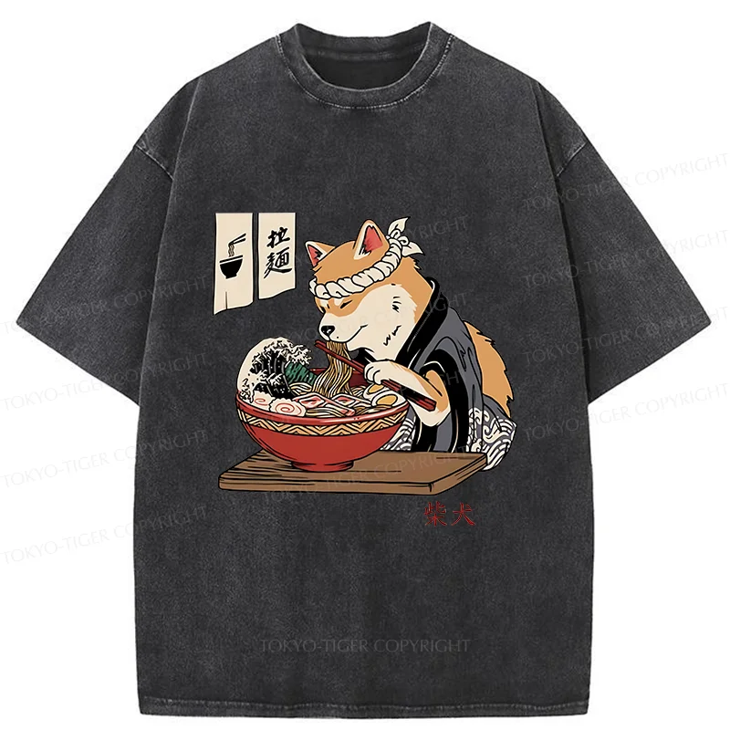 Tokyo-Tiger Shiba Inu Eating Ramen Japan Washed T-Shirt