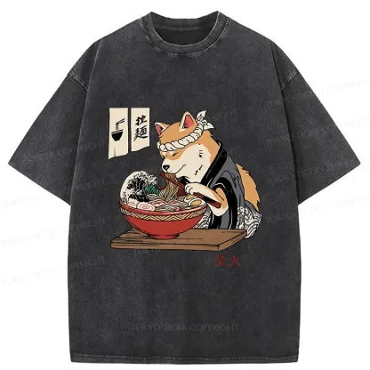 Tokyo-Tiger Shiba Inu Eating Ramen Japan Washed T-Shirt