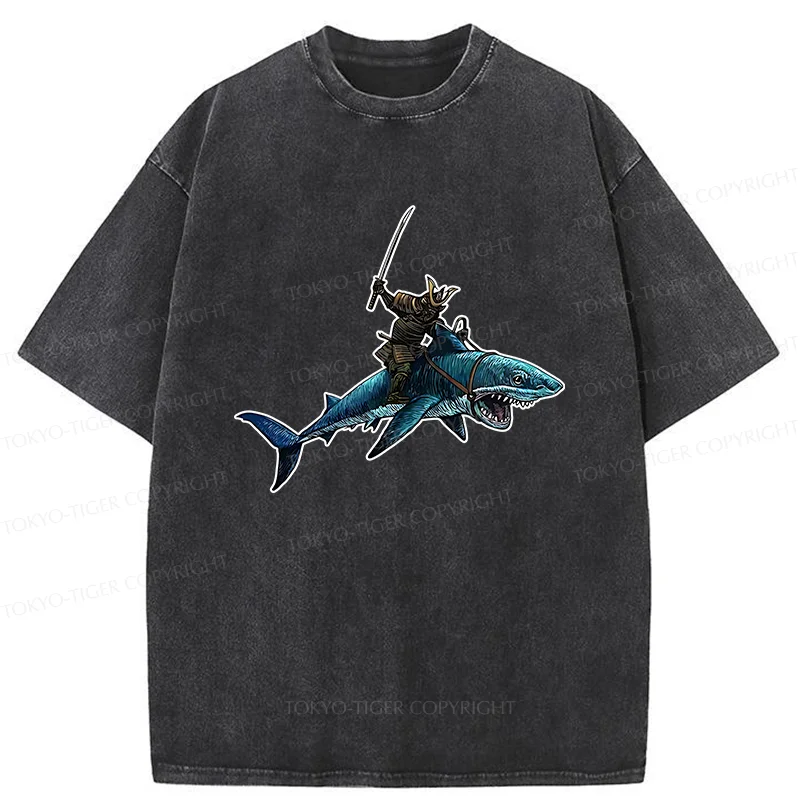 Tokyo-Tiger Samurai Riding A Shark Washed T-Shirt