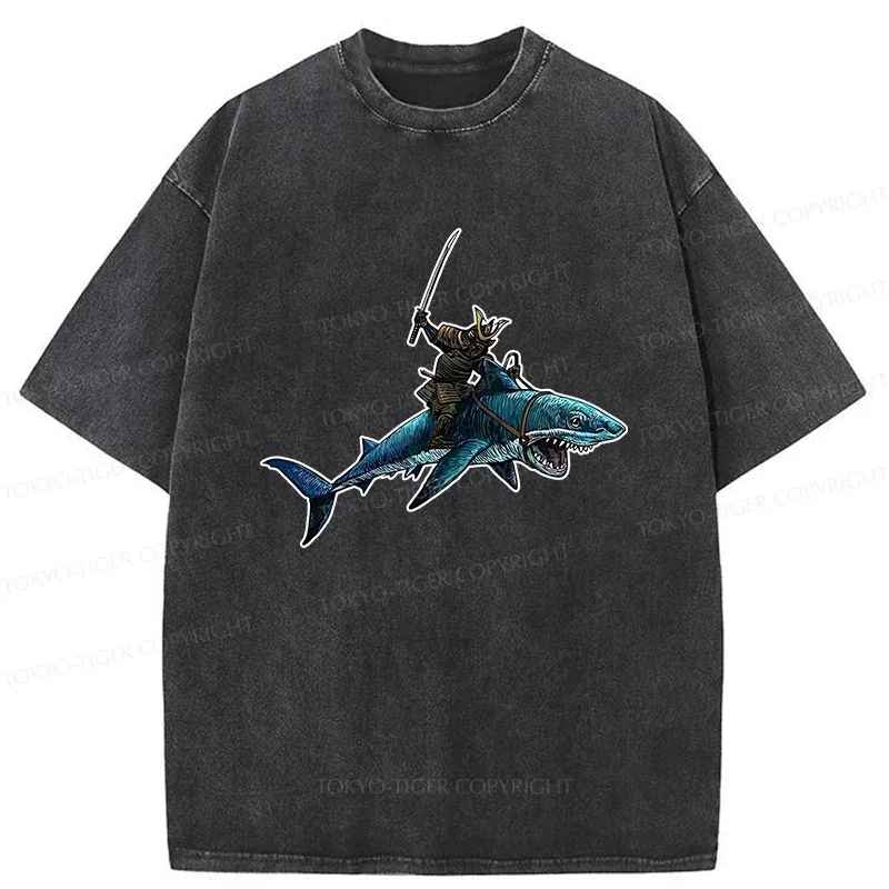 Tokyo-Tiger Samurai Riding A Shark Washed T-Shirt Sale