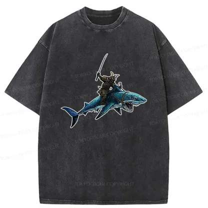 Tokyo-Tiger Samurai Riding A Shark Washed T-Shirt