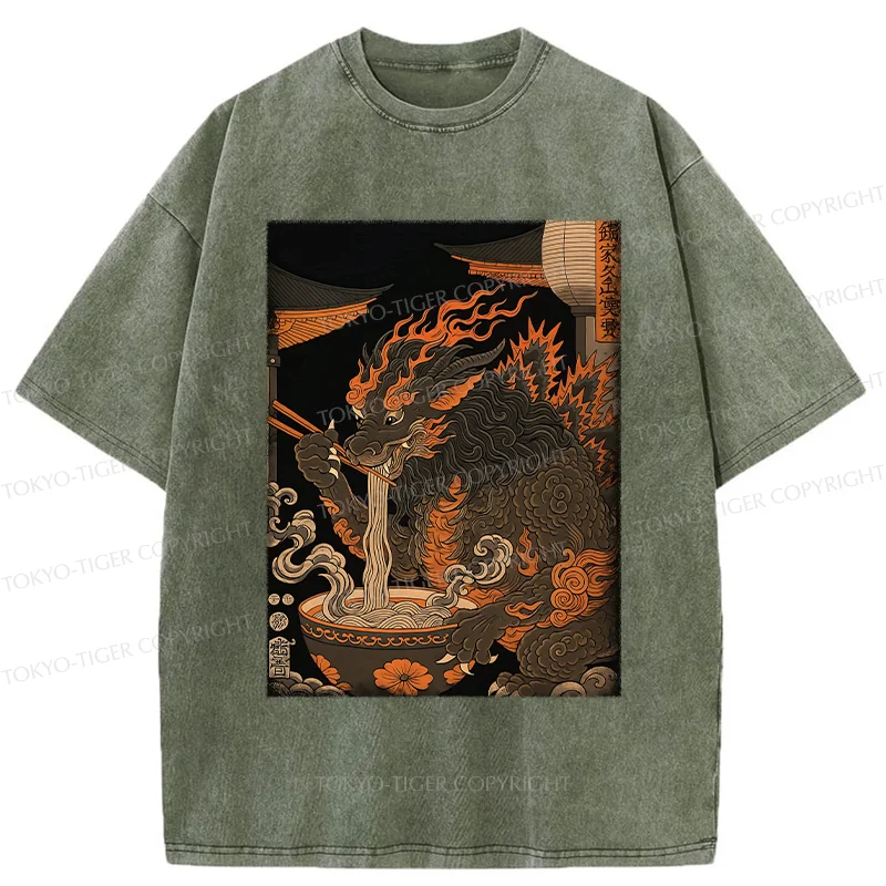 Tokyo-Tiger Kirin Eating Ramen Washed T-Shirt
