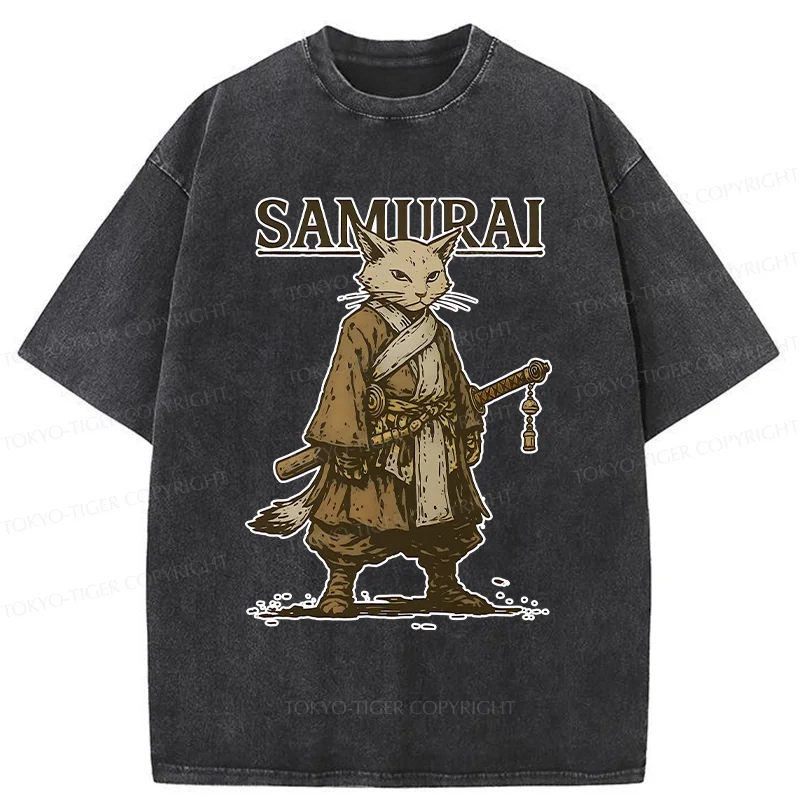 Tokyo-Tiger Samurai Cat Japan Washed T-Shirt