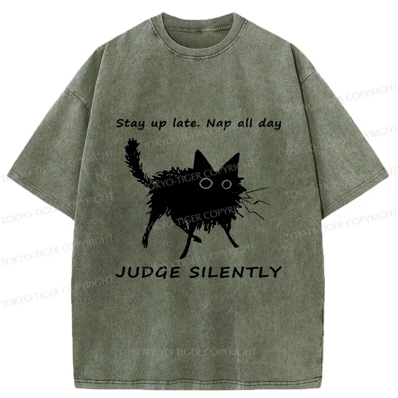 Tokyo-Tiger Lazy Black Cat Funny Washed T-Shirt