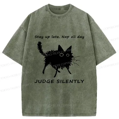 Tokyo-Tiger Lazy Black Cat Funny Washed T-Shirt