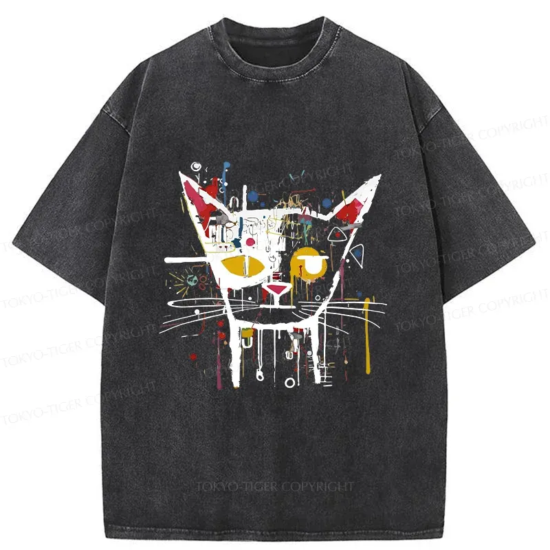 Tokyo-Tiger Abstract Cat Funny Washed T-Shirt Sale
