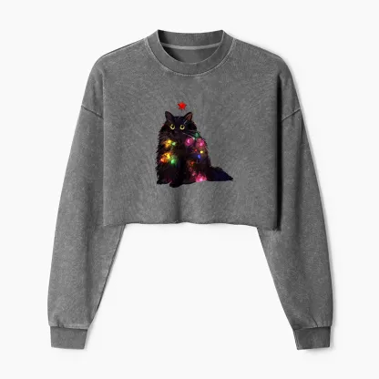 Tokyo-Tiger Christmas Lights Cat Washed Crop Sweatshirt