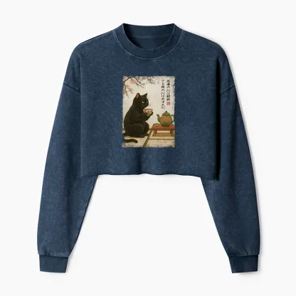Tokyo-Tiger Tea Time With A Black Cat Washed Crop Sweatshirt