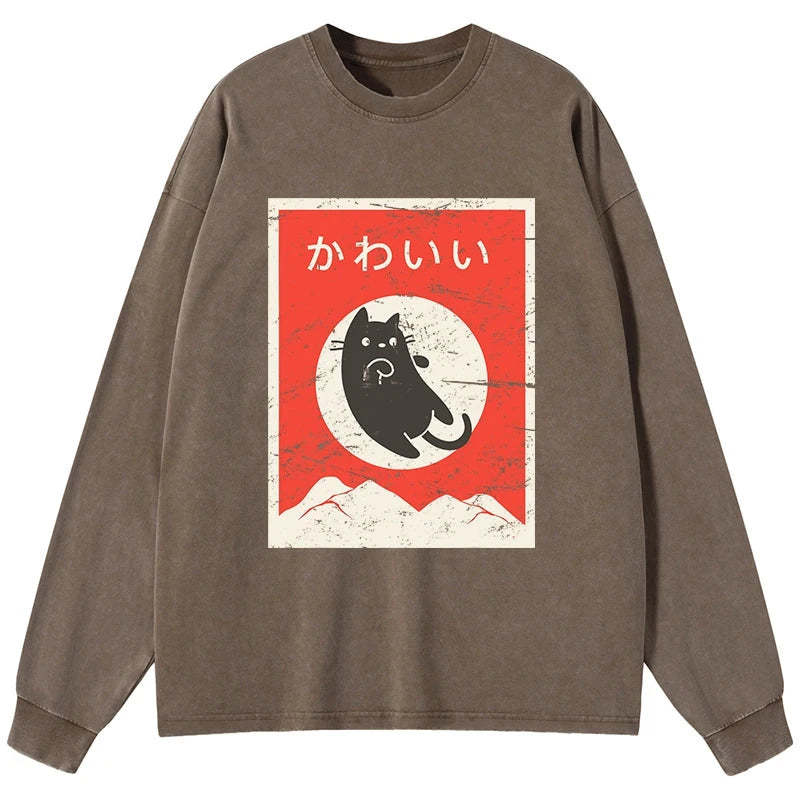 Tokyo-Tiger Cute Black Cat Japanese Washed Long Sleeve T-Shirt