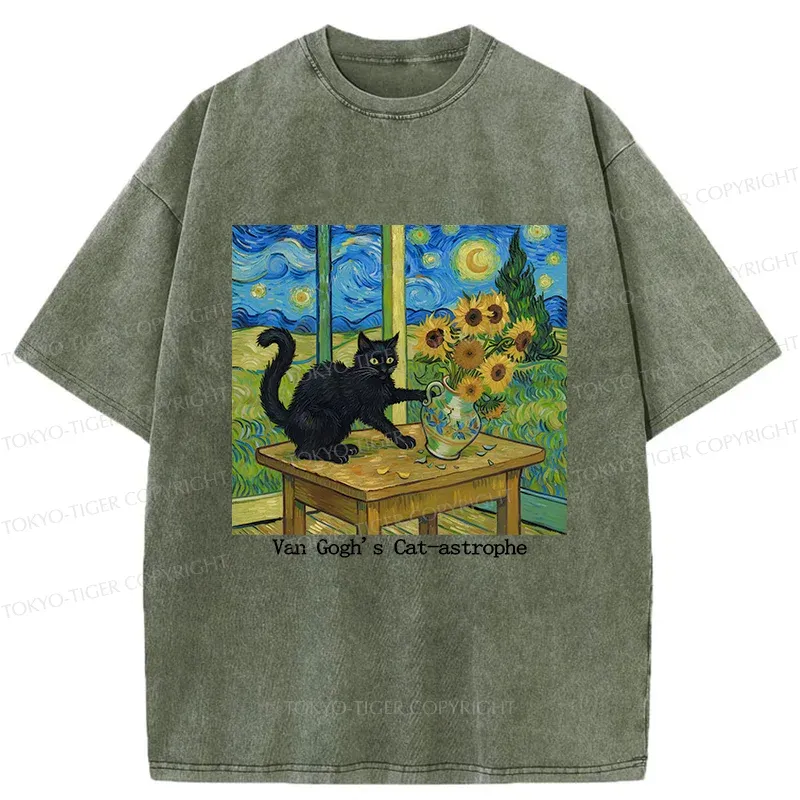 Tokyo-Tiger Cat Playing With Sunflowers Washed T-Shirt