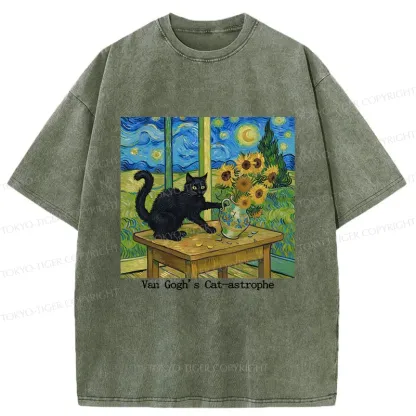 Tokyo-Tiger Cat Playing With Sunflowers Washed T-Shirt