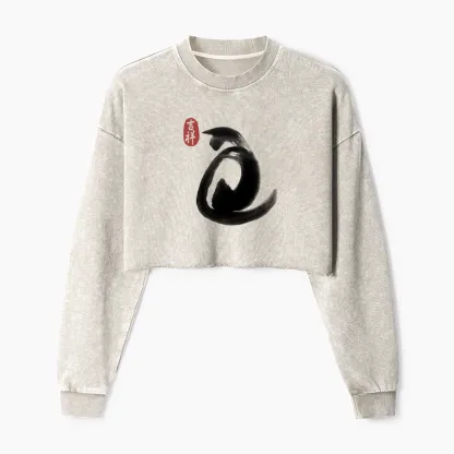 Tokyo-Tiger Vintage Ink Cat Washed Crop Sweatshirt