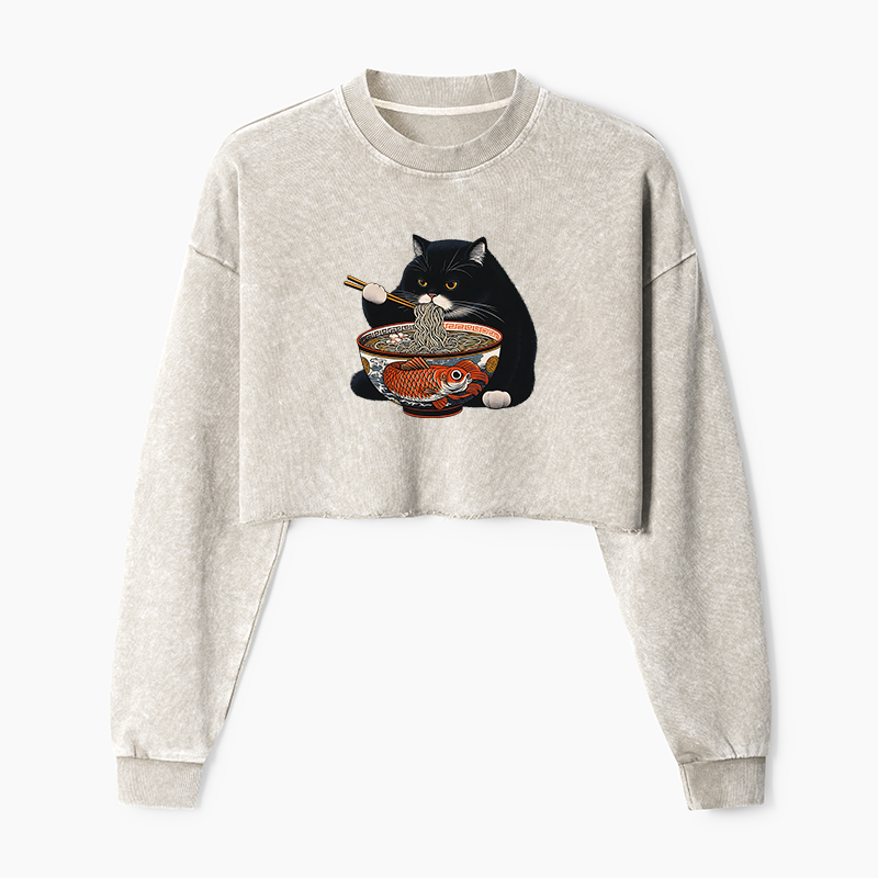 Tokyo-Tiger Fat Cat Eating Ramen Washed Crop Sweatshirt