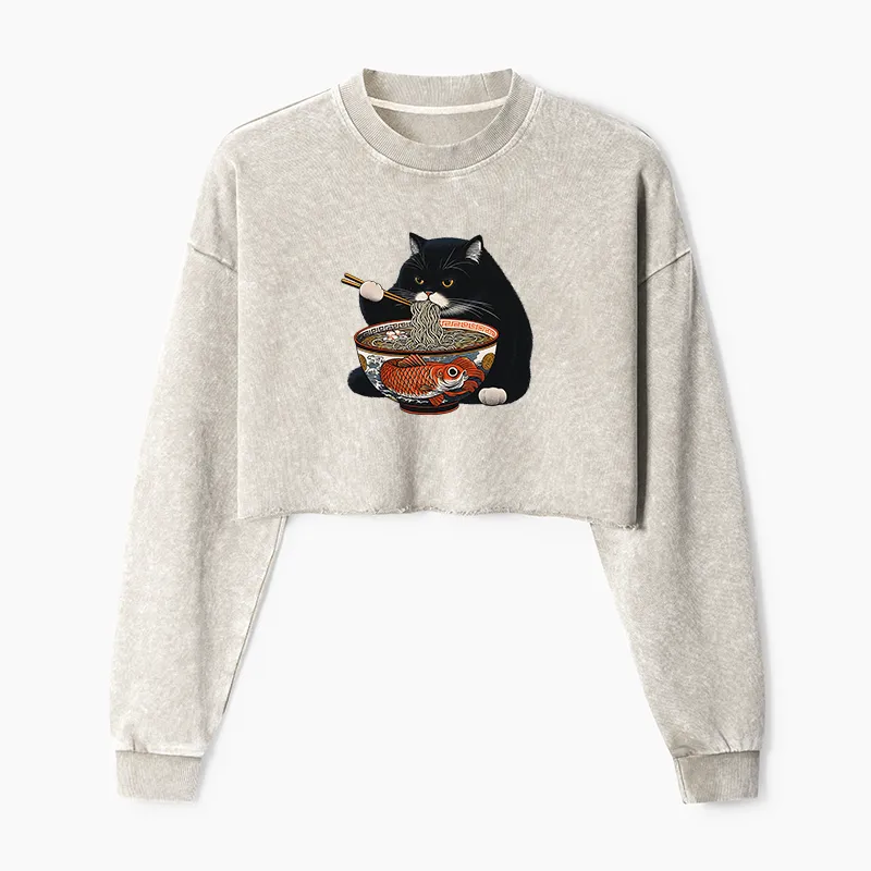 Tokyo-Tiger Fat Cat Eating Ramen Washed Crop Sweatshirt