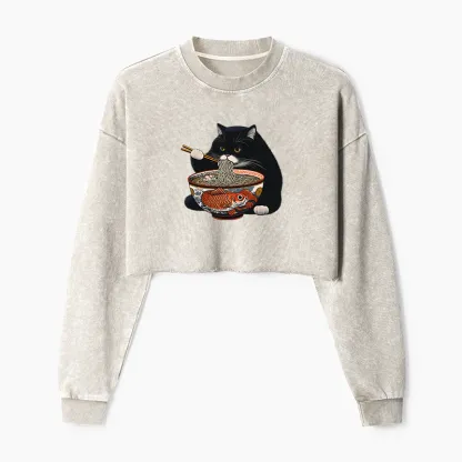 Tokyo-Tiger Fat Cat Eating Ramen Washed Crop Sweatshirt
