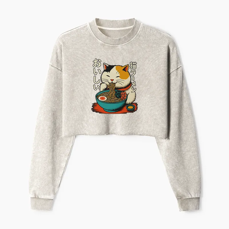 Tokyo-Tiger Cute Eat Eating Japanese Ramen Washed Crop Sweatshirt