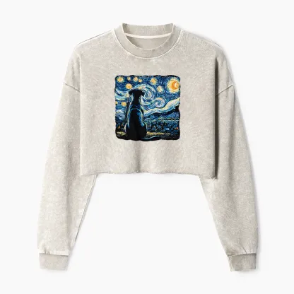 Tokyo-Tiger Starry Night Dog Washed Crop Sweatshirt