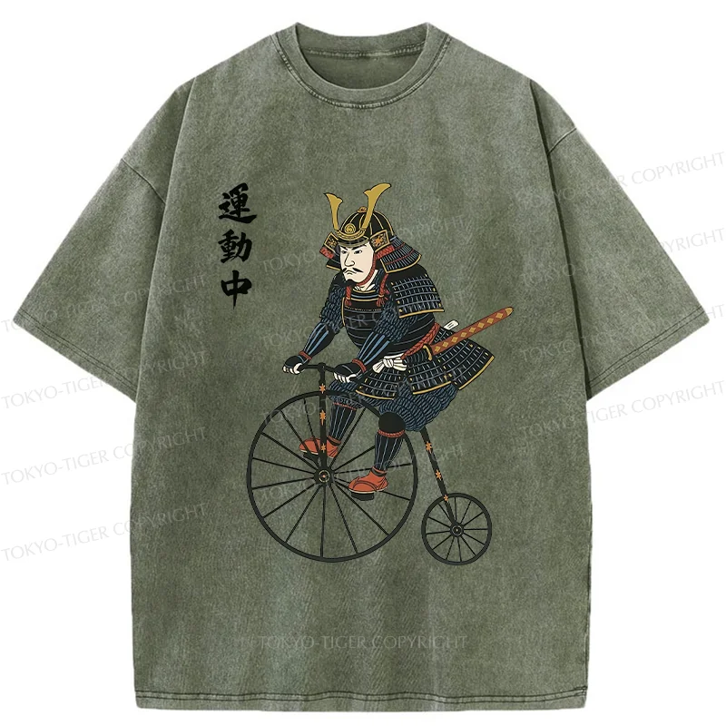 Tokyo-Tiger Samurai Riding Penny-farthing Washed T-Shirt