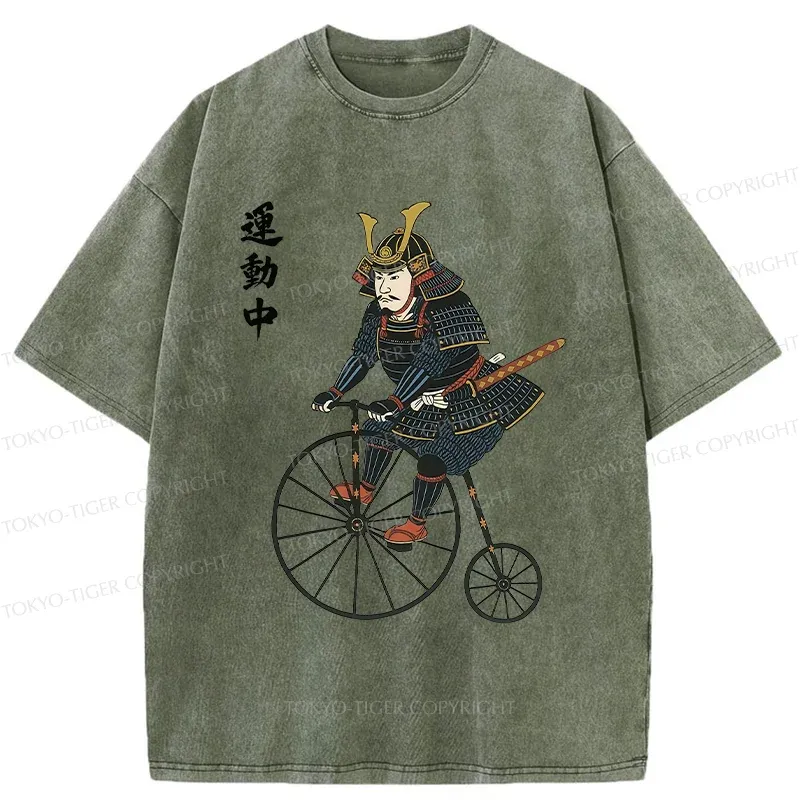 Tokyo-Tiger Samurai Riding Penny-farthing Washed T-Shirt