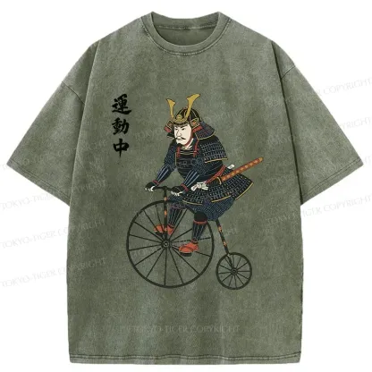 Tokyo-Tiger Samurai Riding Penny-farthing Washed T-Shirt