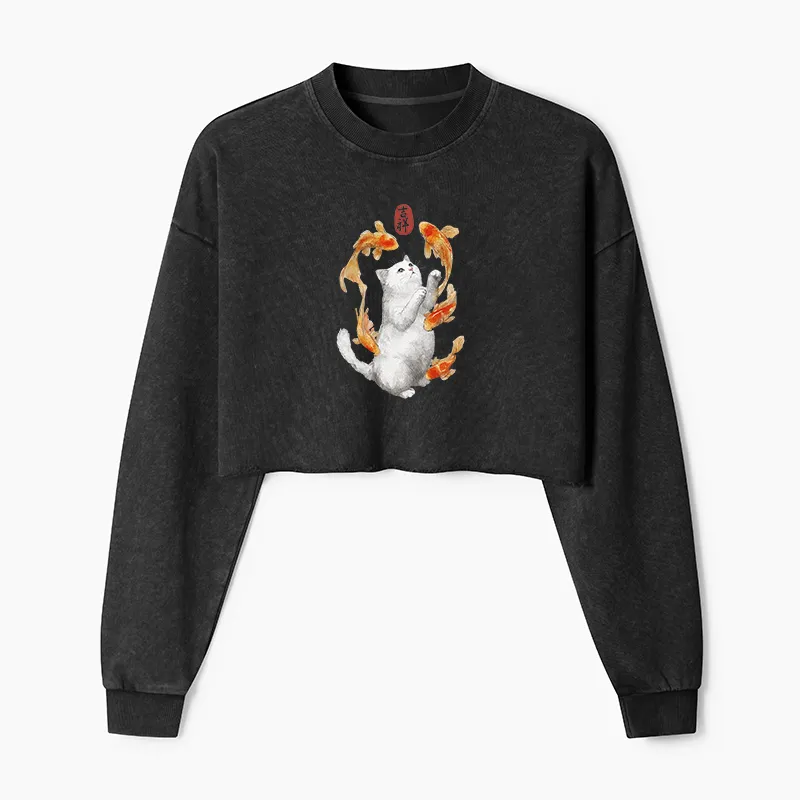 Tokyo-Tiger Zen Cat And The Dancing Fish Washed Crop Sweatshirt