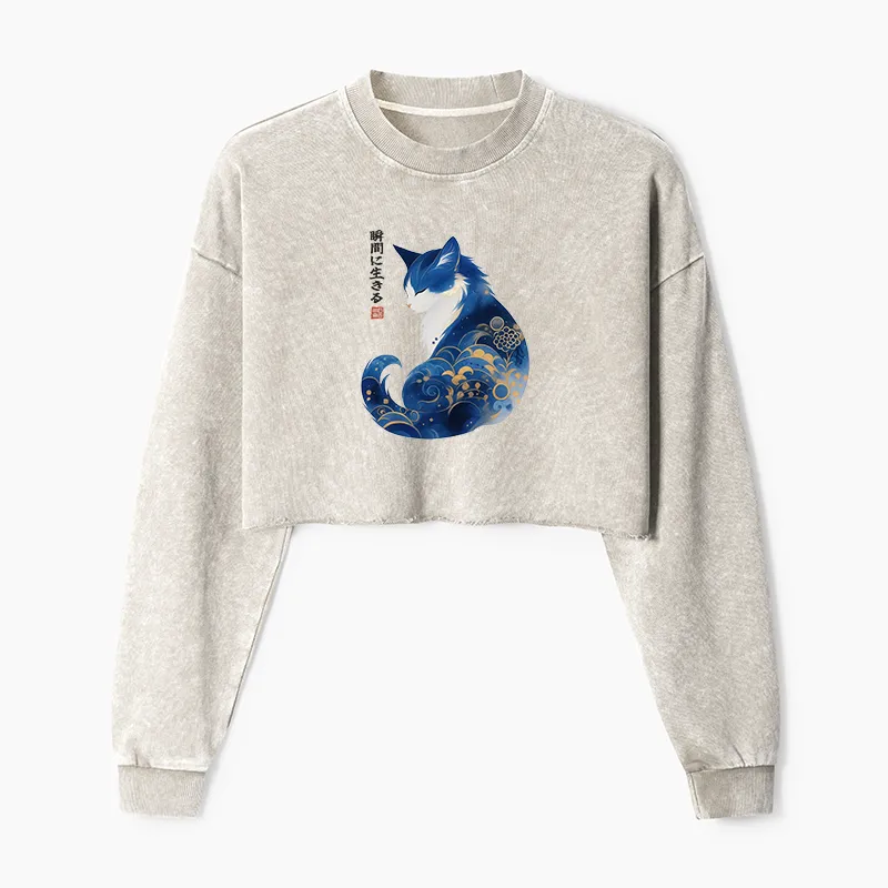 Tokyo-Tiger Retro Zen Cat: Living the Present Washed Crop Sweatshirt