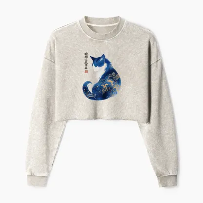 Tokyo-Tiger Retro Zen Cat: Living the Present Washed Crop Sweatshirt
