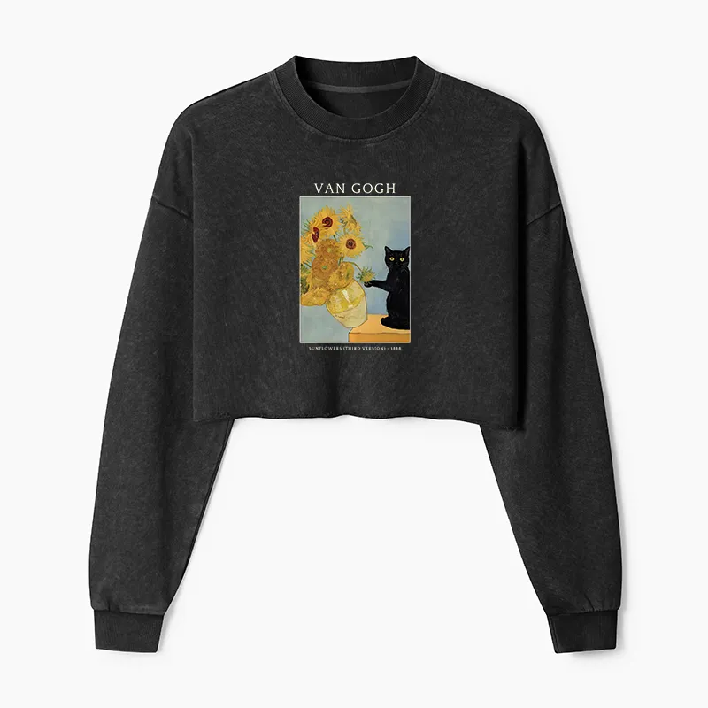 Tokyo-Tiger Black Cat With Sunflowers Washed Crop Sweatshirt