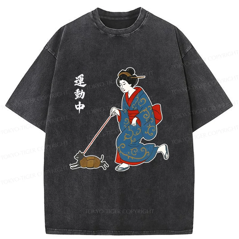 Tokyo-Tiger Geisha Walking Cat Washed T-Shirt