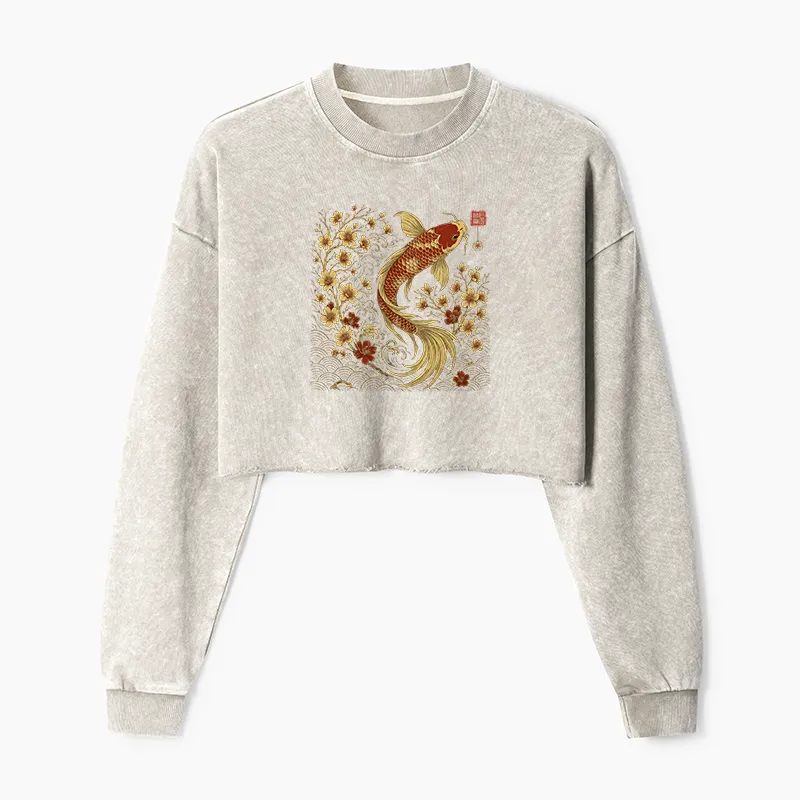 Tokyo-Tiger Vintage Sakura And Koi Washed Crop Sweatshirt