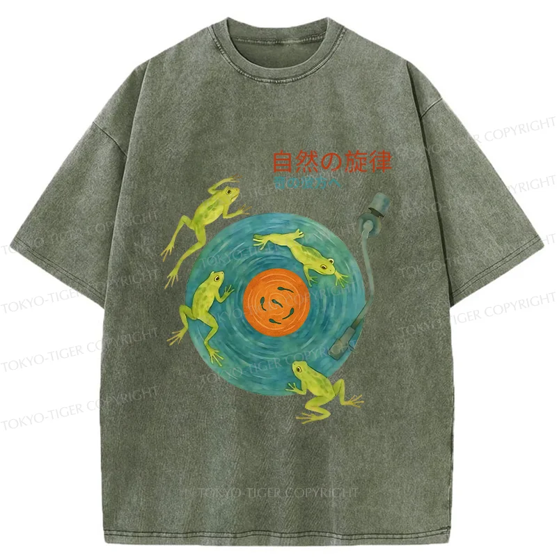 Tokyo-Tiger Frog Art Record Washed T-Shirt