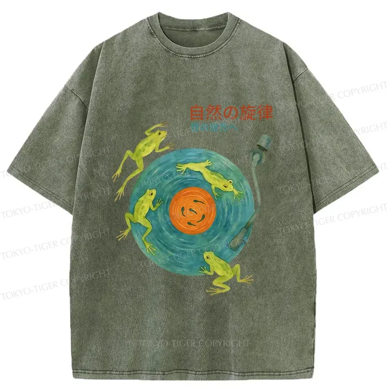 Tokyo-Tiger Frog Art Record Washed T-Shirt