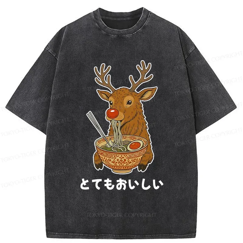 Tokyo-Tiger Reindeer Eating Ramen Washed T-Shirt