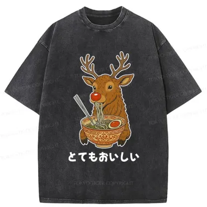 Tokyo-Tiger Reindeer Eating Ramen Washed T-Shirt