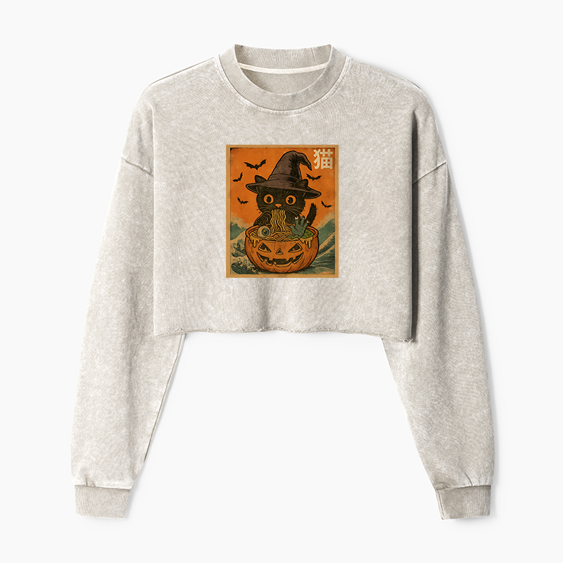 Tokyo-Tiger Halloween Cat Eating Ramen Washed Crop Sweatshirt